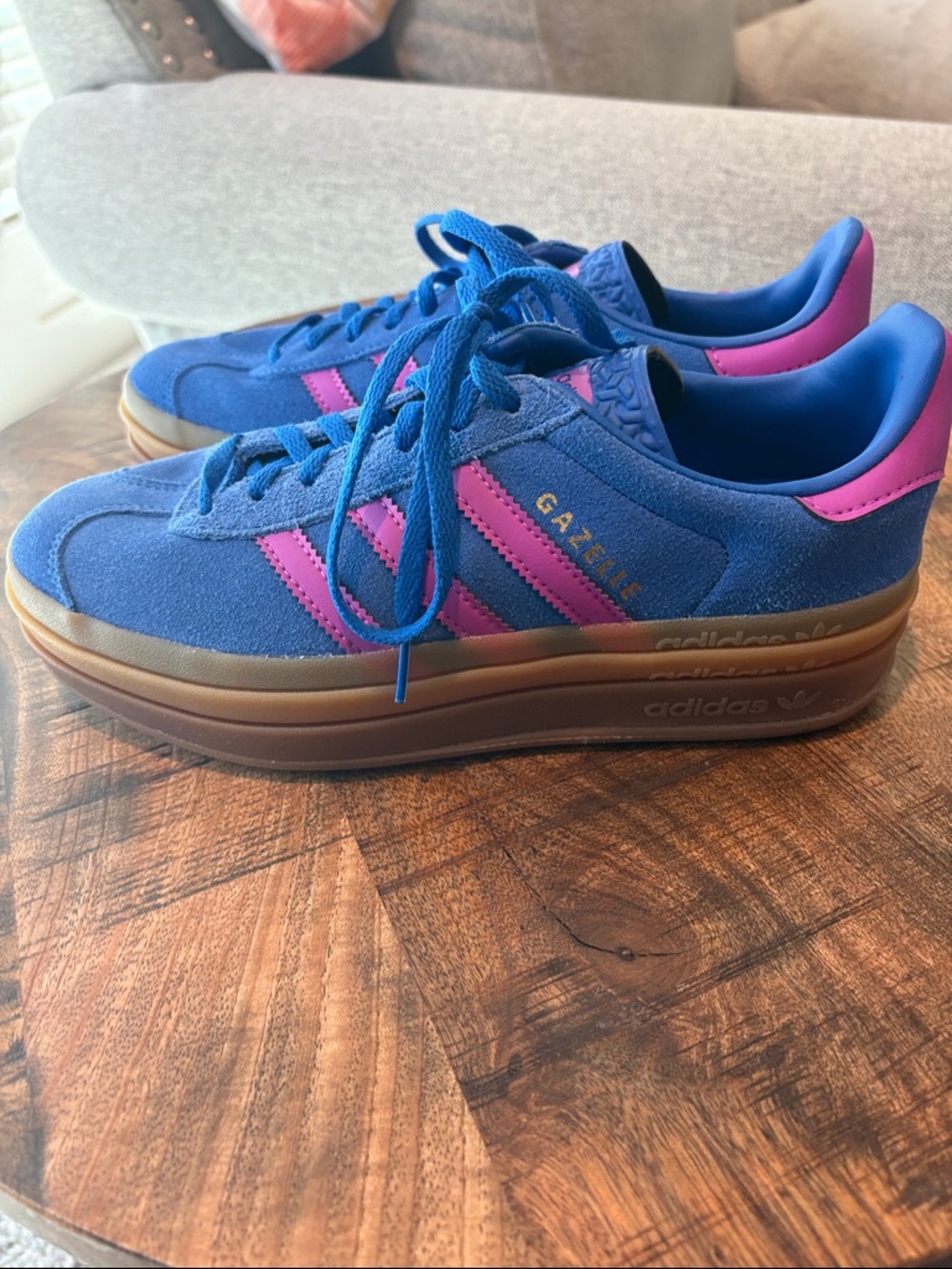 adidas Gazelle Platform Sneakers in Blue with Pink Accents - Picture 3 of 4